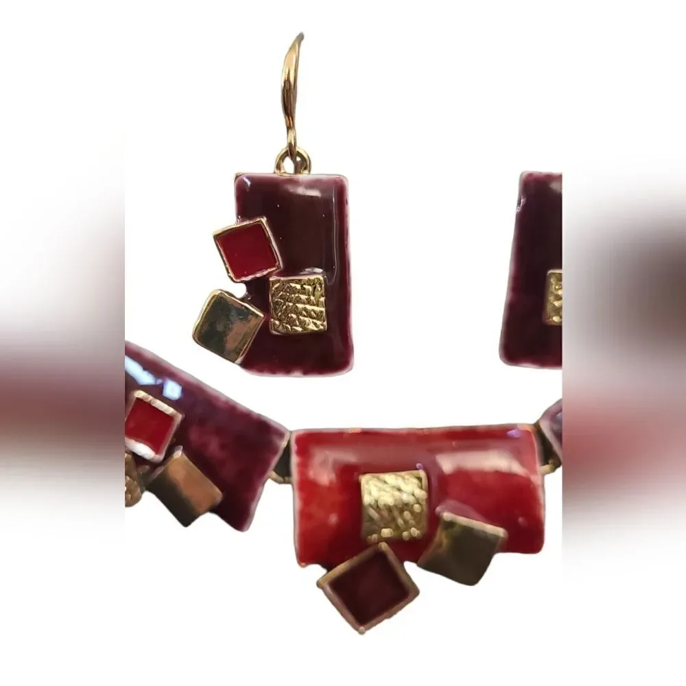 Statement Necklace And Pierced Earrings Paris! Ikita Red Enamel And Gold 16